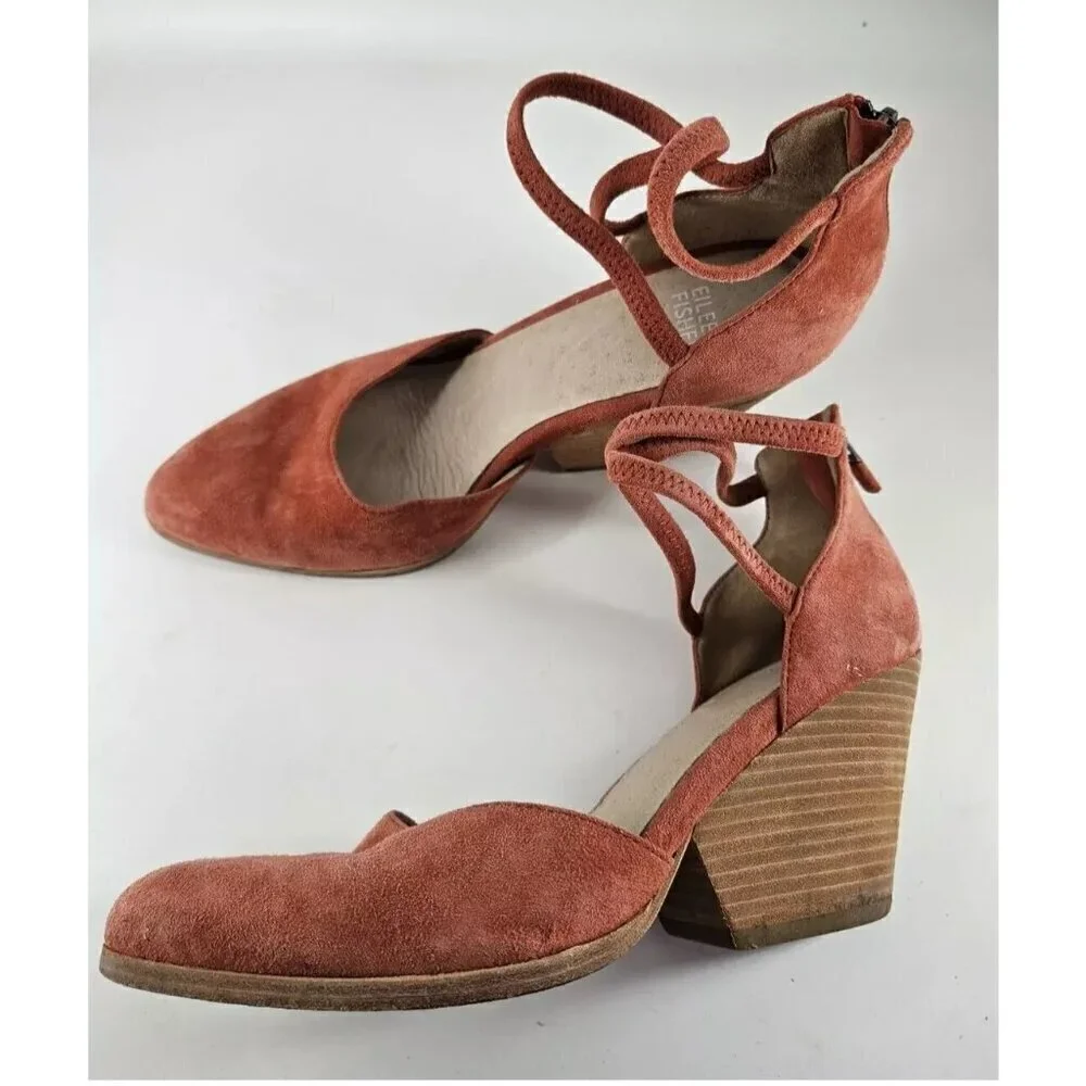 EILEEN FISHER Tilda Pumps Heels Brick Orange Suede Womens Strappy Zip Shoes Sz 7